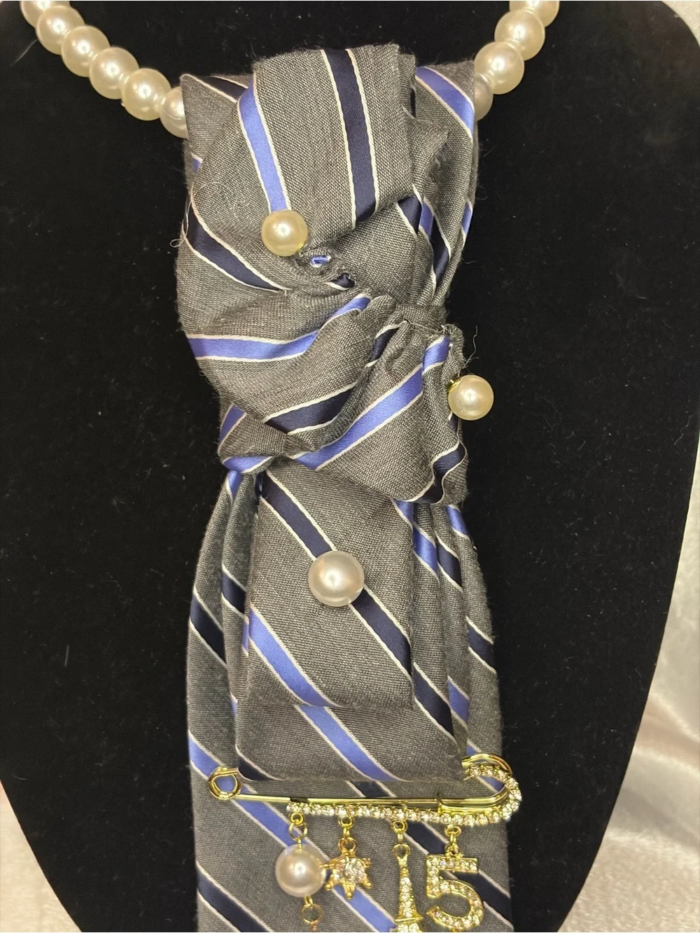 Jones New York Gray and Blue Striped Silk Tie Scarf with Pearl Accents